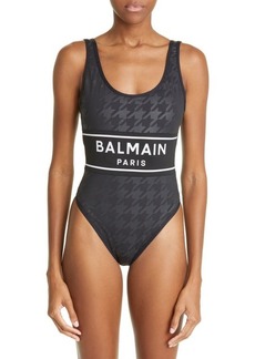 Balmain Houndstooth Check Logo One-Piece Swimsuit in Black/Black at Nordstrom