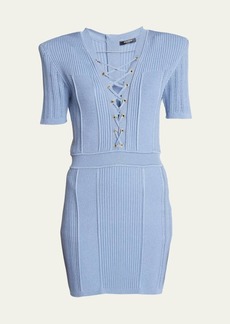 Balmain Lace-Up Ribbed Body-Con Mini Dress