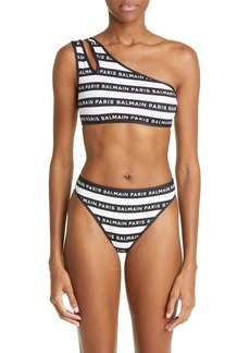 Balmain Logo Stripe One-Shoulder Two-Piece Swimsuit in Black/White at Nordstrom