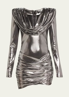 Balmain Metallic Draped Cowl-Neck Mini Dress