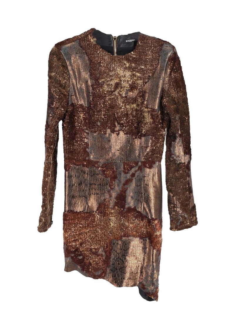 Balmain Metallic Long-Sleeve Mini Dress in Brown Leather