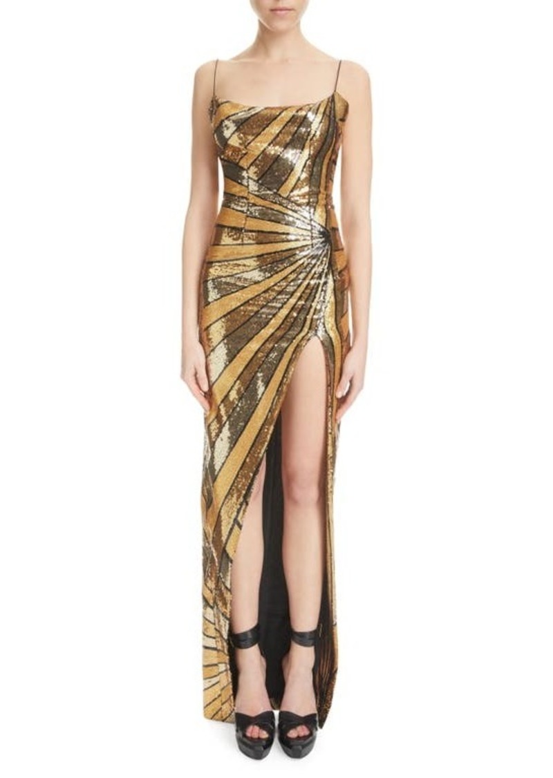 Balmain Mixed Sequin Stripe Side Slit Gown