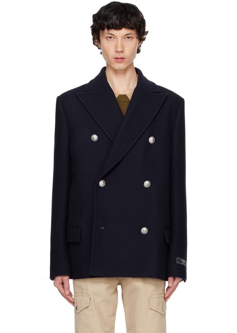 Balmain Navy Short Felted Virgin Wool Peacoat