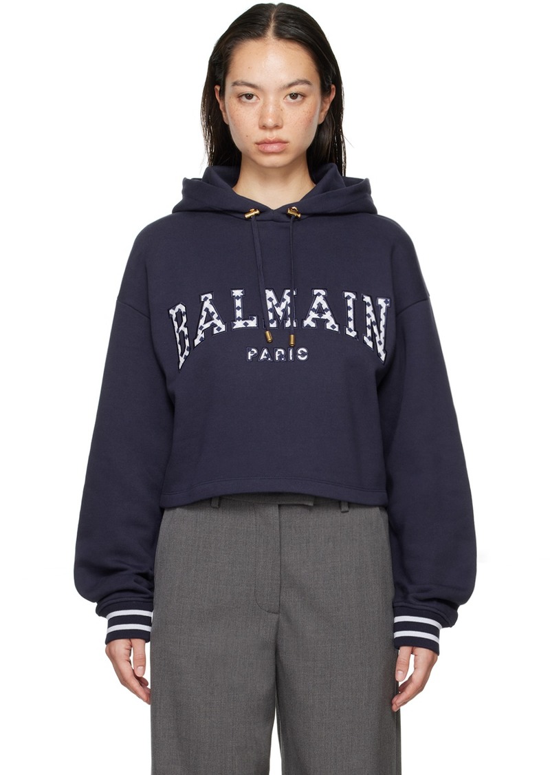 Balmain Navy Vichy Detail Cropped Hoodie