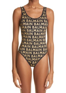 Balmain Olimpionic Metallic Logo One-Piece Swimsuit in Black Gold at Nordstrom