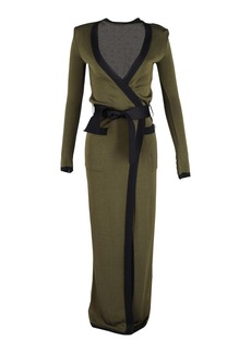 Balmain Open-Front Belted Maxi Cardigan in Green Wool