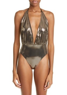 Balmain Paillette Halter One-Piece Swimsuit in Gold at Nordstrom