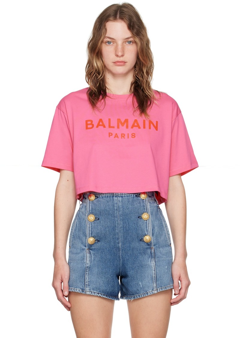 Balmain Pink 'Balmain Paris' Cropped T-Shirt