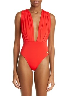 Balmain Plunge Neck One-Piece Swimsuit in Red at Nordstrom
