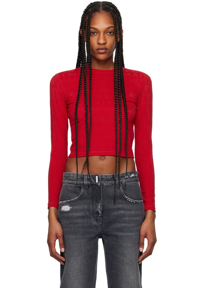 Balmain Red Jacquard Long Sleeve T-Shirt