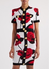 Balmain Red Roses Jacquard Short Sleeve Crop Cardigan