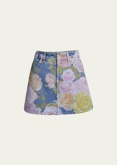 Balmain Rose Print Denim Mini Skirt