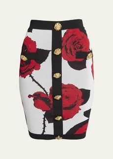 Balmain Rose Print Knit Pencil Skirt with Button Detail