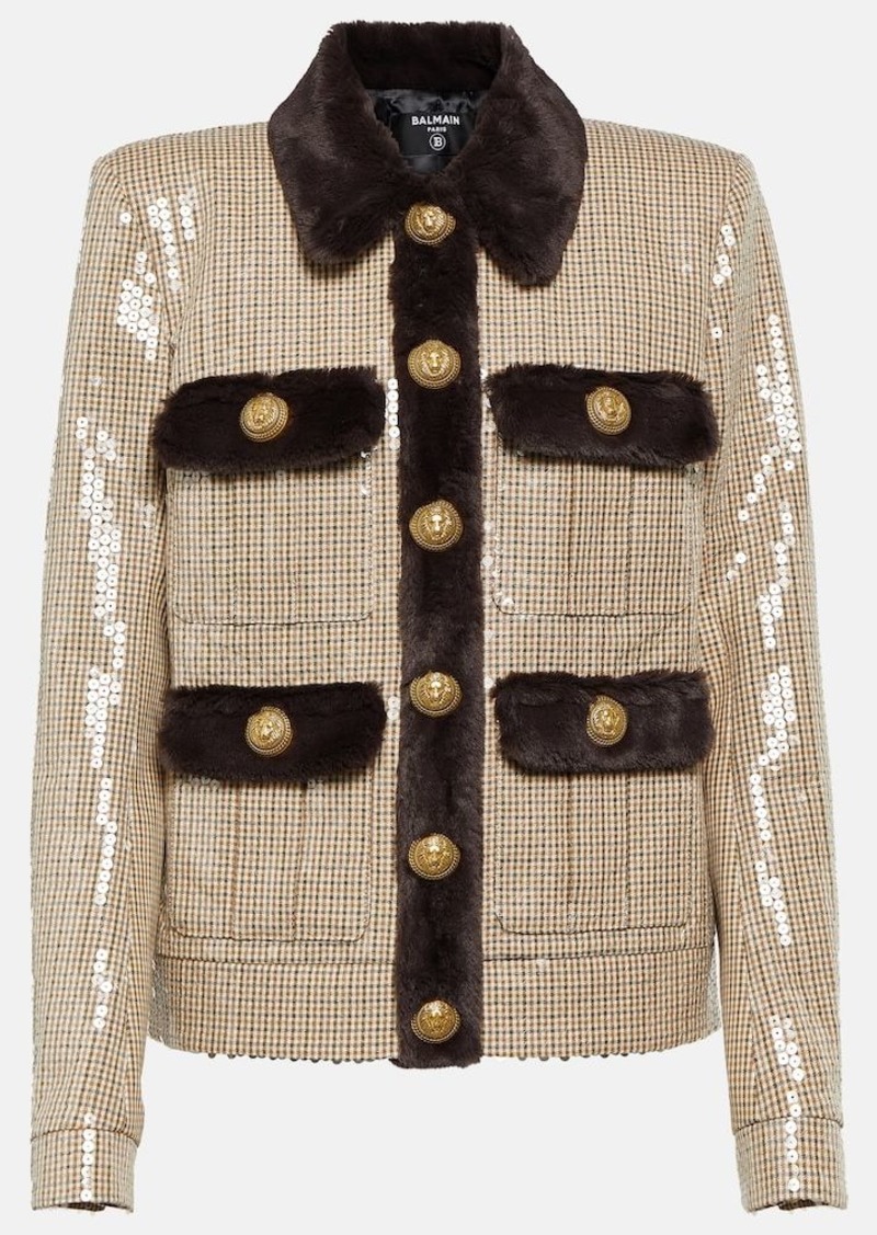 Balmain Sequined faux fur-trimmed jacket