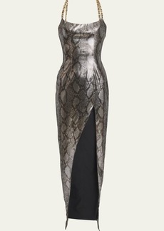Balmain Shiny Python Gown with Chain Detail