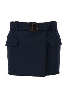 BALMAIN Short Blue Wool Low-rise Skirt