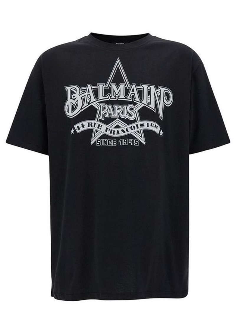 Balmain Black T-Shirt with Star Graphic Print in Cotton Man