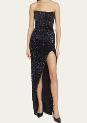 Balmain Strapless Bustier Glitter Long Dress with Slit