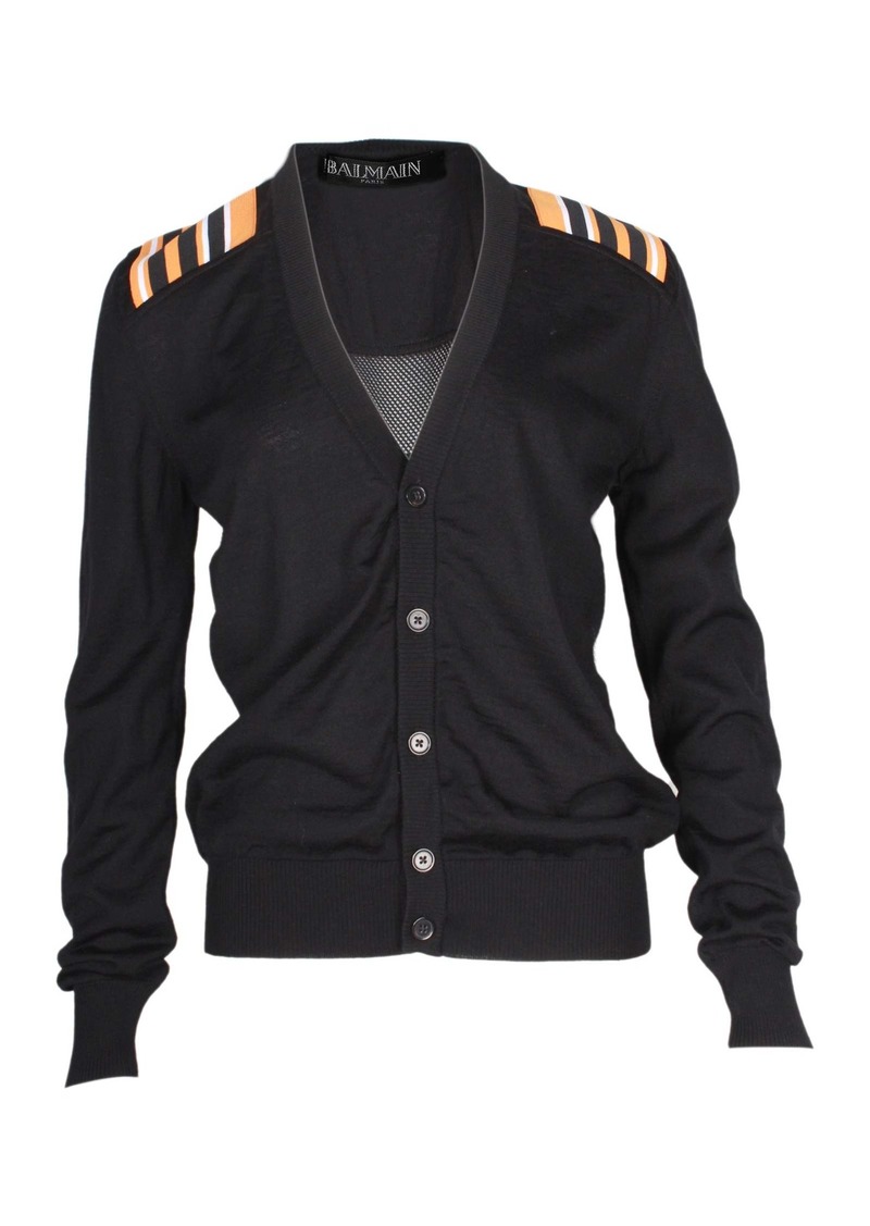 Balmain Stripe Detail Cardigan in Black Wool