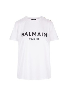 BALMAIN T-Shirt With Black Logo and Golden Buttons