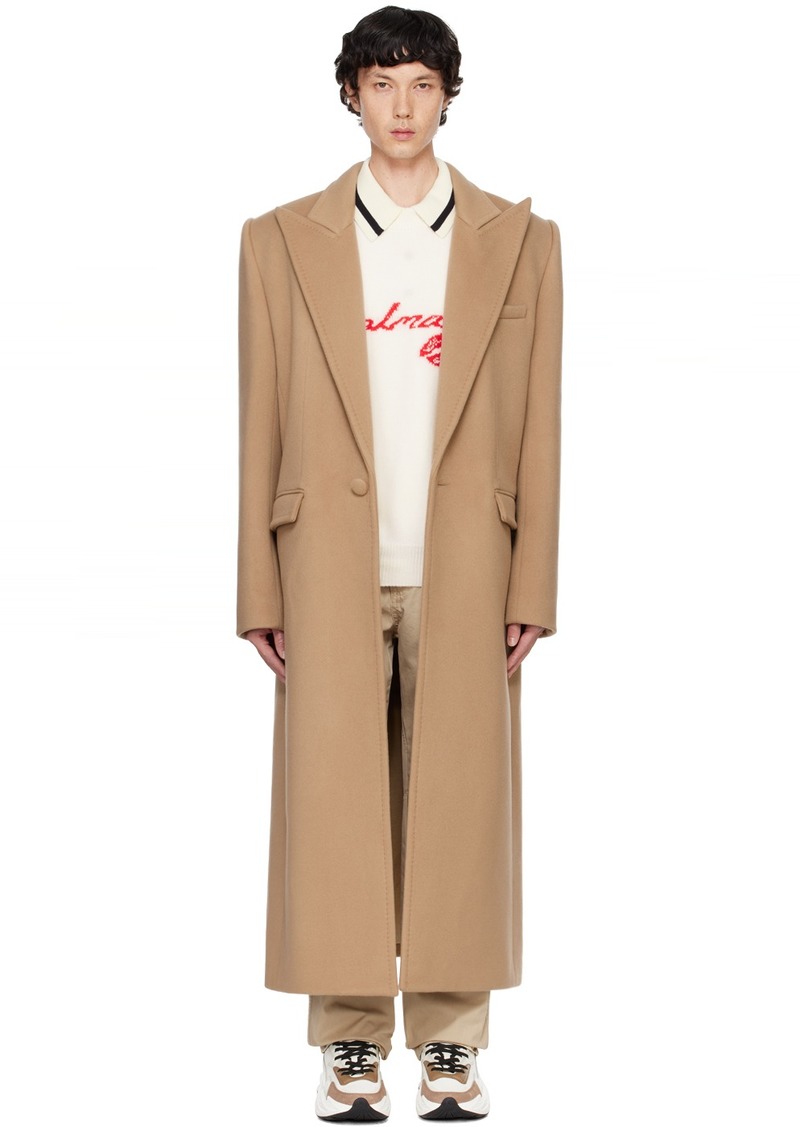 Balmain Tan Long Virgin Wool & Cashmere Coat