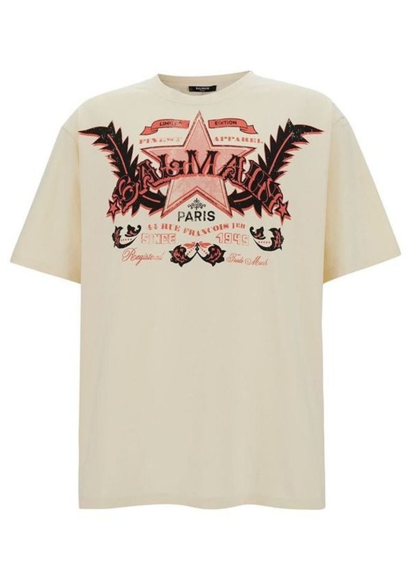 Balmain White T-Shirt with Western Graphic Print in Cotton Man
