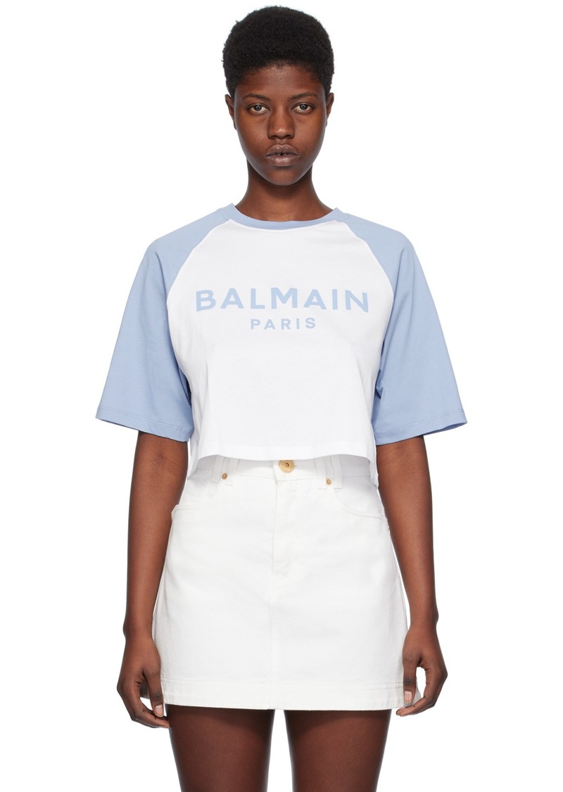 Balmain White & Blue Raglan Sleeve T-Shirt