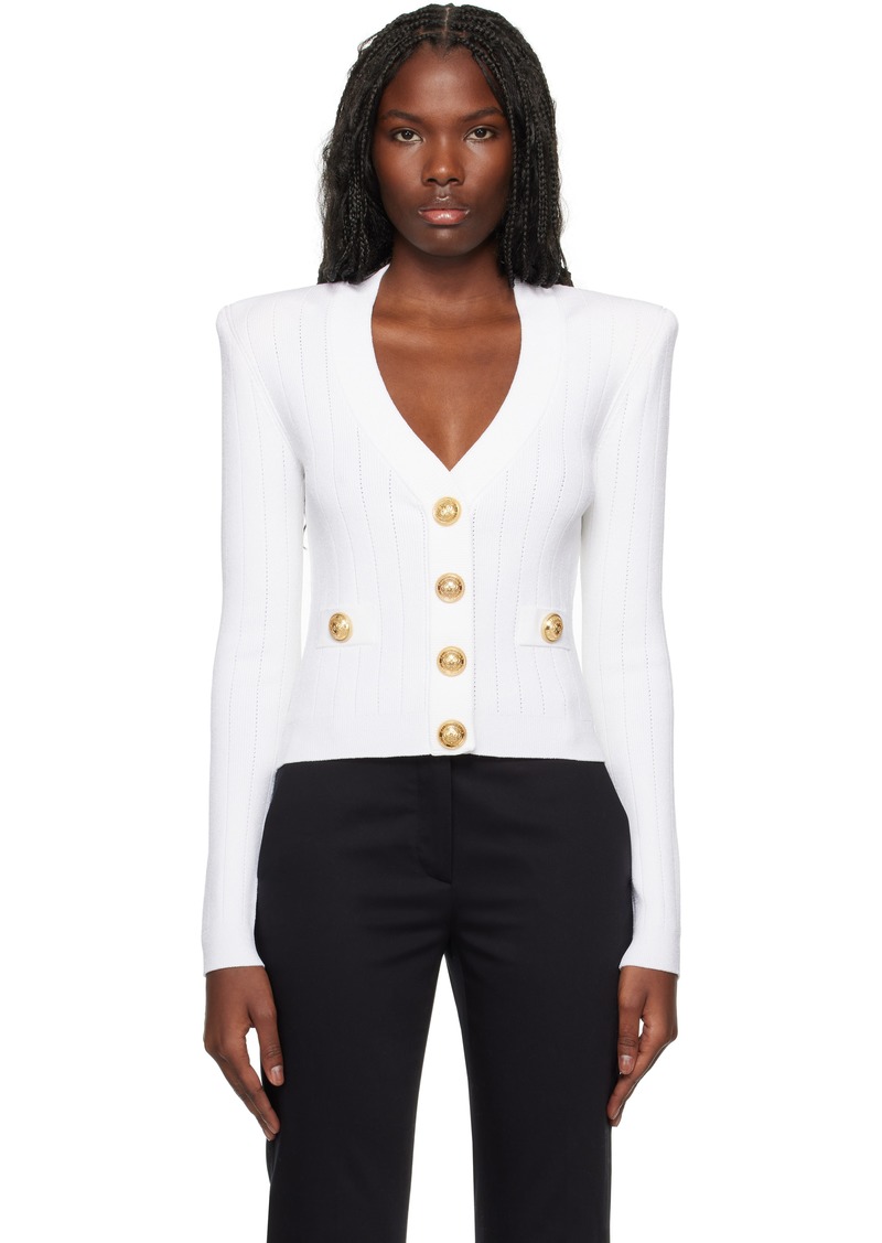 Balmain White Cropped Knit Cardigan