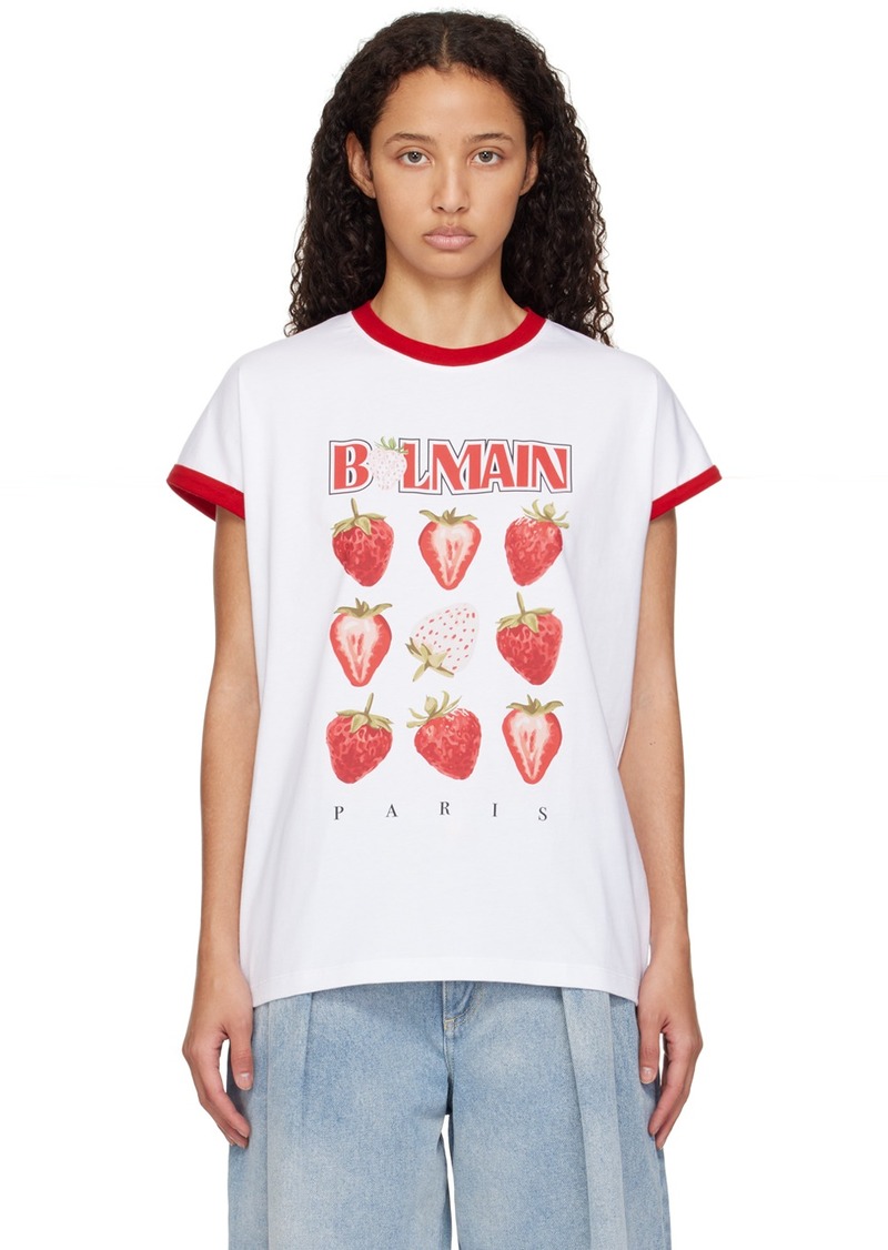 Balmain White Two-Tone 'Balmain' Strawberry Print T-shirt