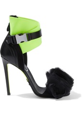 Balmain Woman Isuare Leather Suede Ruffled Tulle And Organza Sandals Bright Yellow