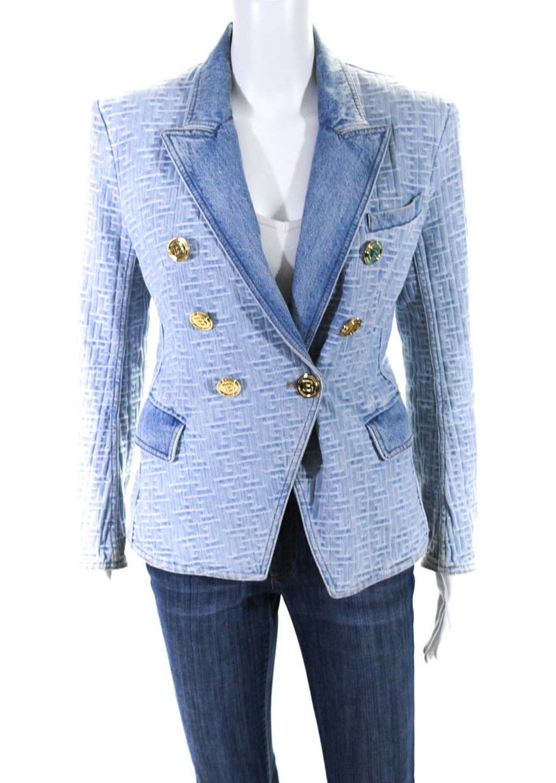 Balmain Womens Denim Wide Lapel Jacket Blue Cotton