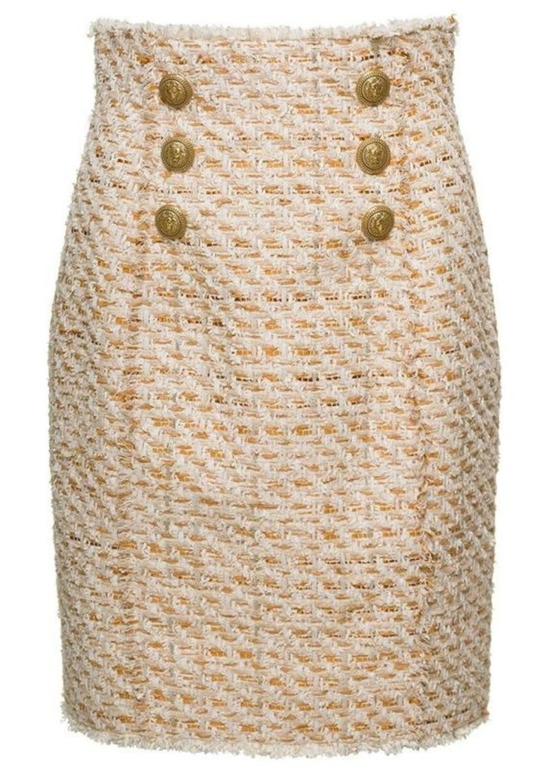 Balmain Beige Tweed Skirt with Front Golden Buttons in Cotton Blend Woman