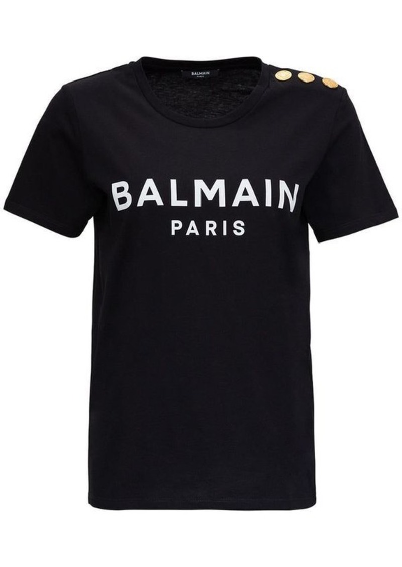 Balmain Black Crewneck T-Shirt with Logo Print and Golden Buttons in Jersey Woman