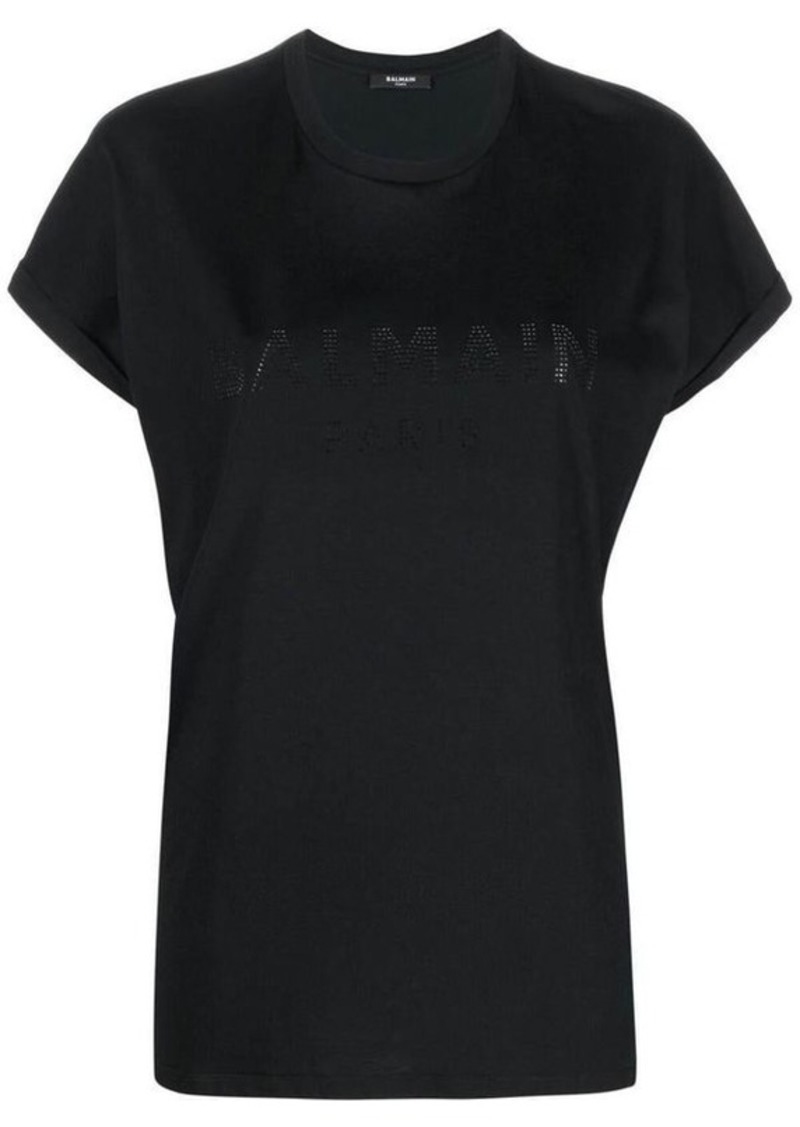 Balmain Black Crewneck T-Shirt with Tonal Rhinestones Logo Detail in Cotton Woman