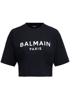 Balmain Black Cropped T-Shirt with Contrasting Logo Print in Cotton Woman