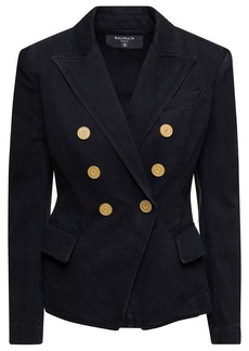 Balmain Black Double-Breasted Jacket with Gold-Colored Buttons in Cotton Denim Woman
