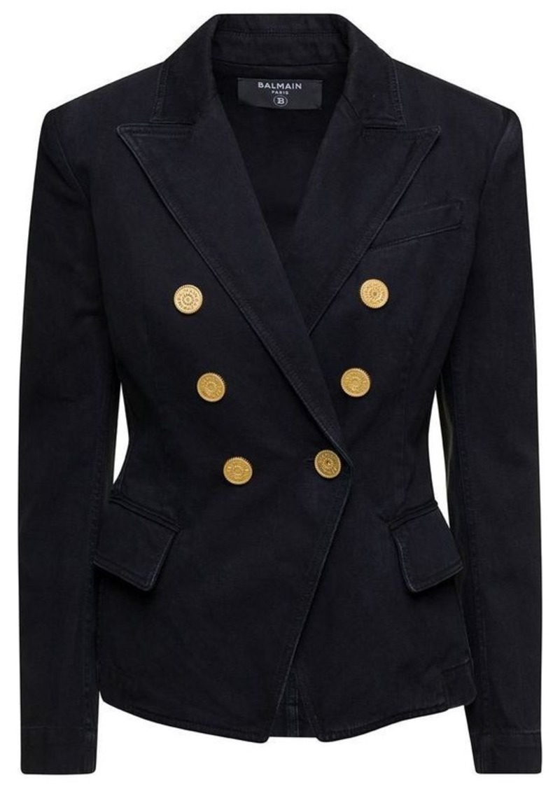 Balmain Black Double-Breasted Jacket with Gold-Colored Buttons in Cotton Denim Woman