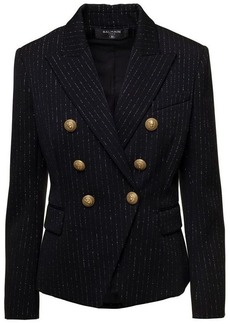 Balmain Black Double-Breasted Jacket with Lurex Details and Jewel Buttons in Wool Woman
