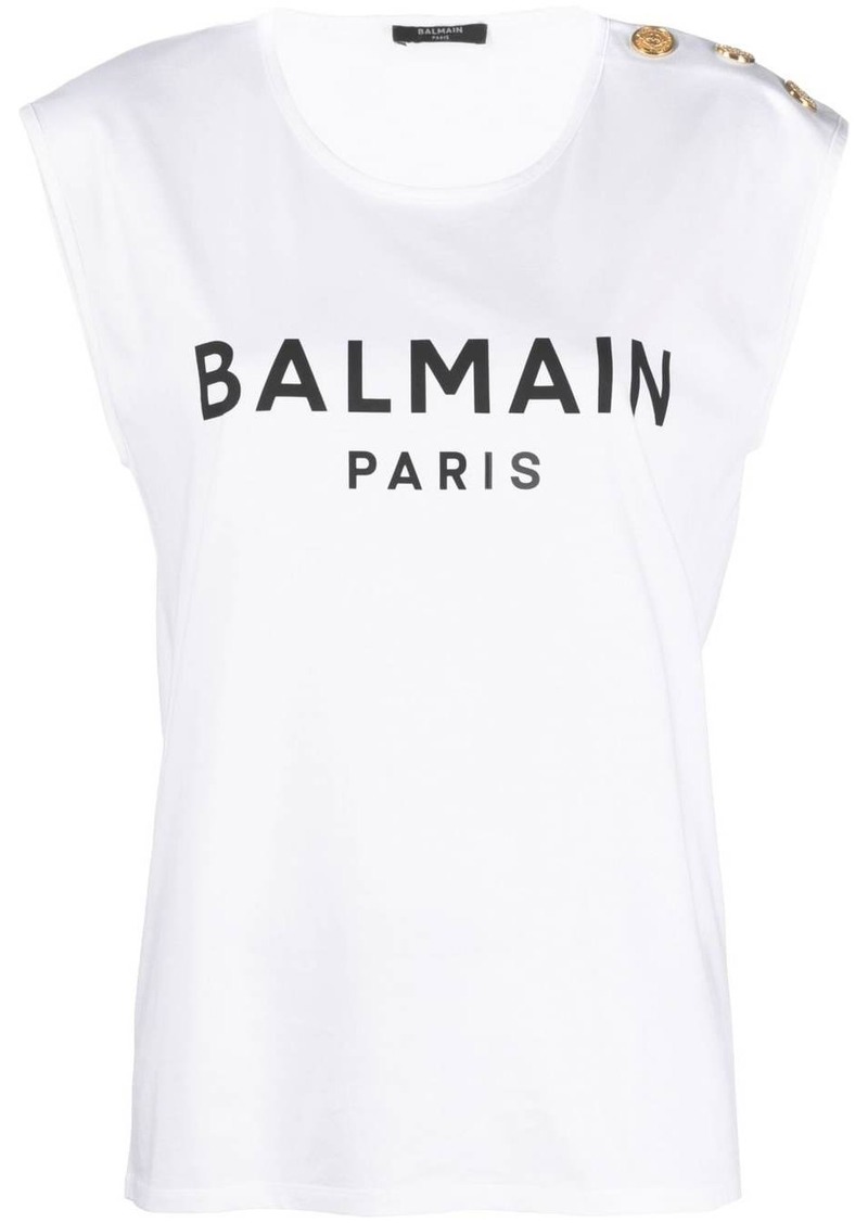 Balmain button-detail logo-print tank top