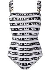 Balmain chain detail logo-print swimsuit