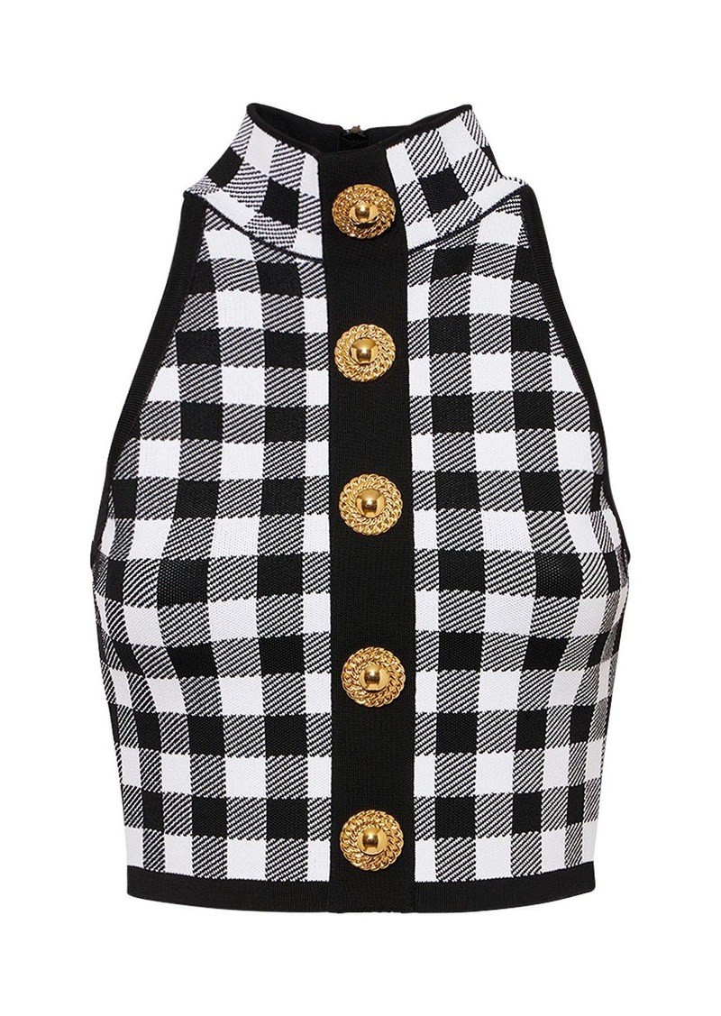 Balmain Check Knit High Neck Cropped Vest