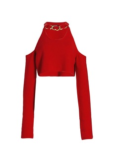 Balmain Cold-Shoulder Chain Cropped Sweater