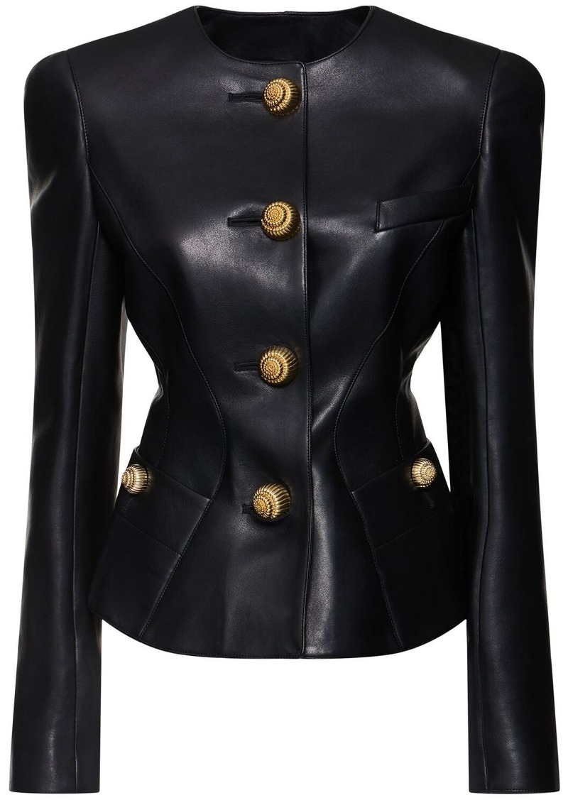 Balmain Collarless Leather Jacket