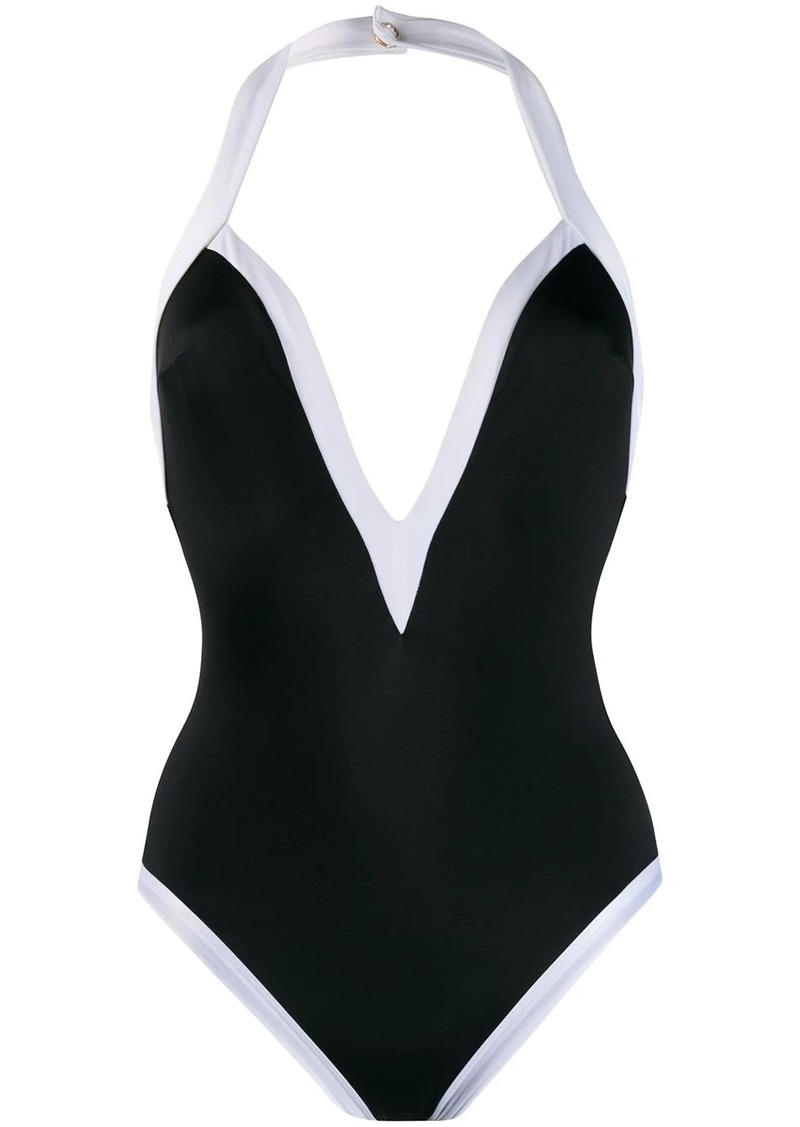 black one piece swimsuit with white trim