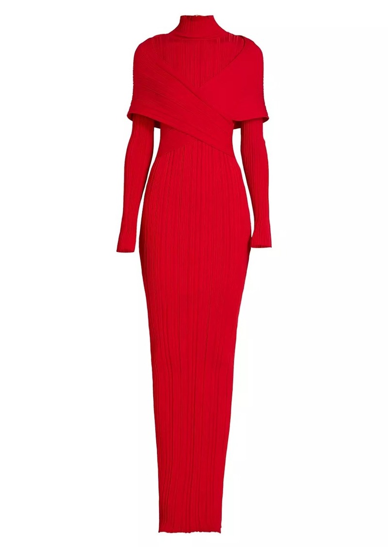 Balmain Cross-Over Plissé Knit Maxi Dress