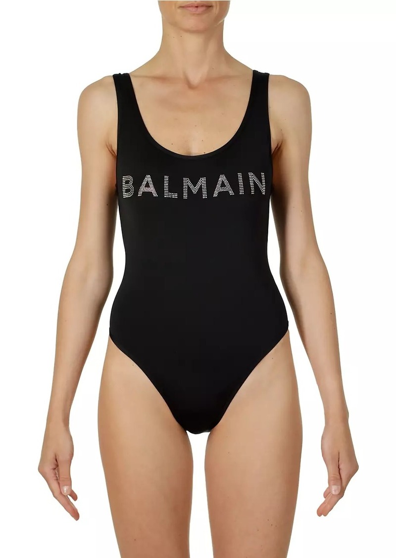 Balmain Crystal Logo One-Piece Swimsuit