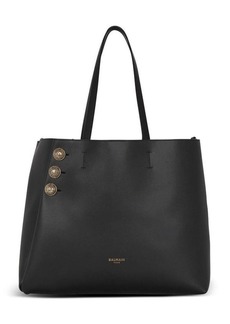'Emblème' Black Tote Bag with Balmain Coin Buttons and Logo Print in Smooth Leather Woman