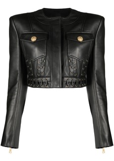 Balmain eyelet-embellished cropped leather jacket