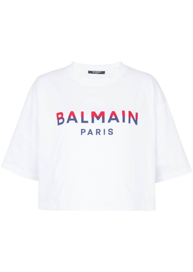 Balmain flocked-logo cropped organic-cotton T-shirt