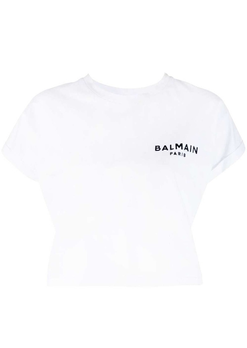 Balmain flocked-logo cropped T-shirt